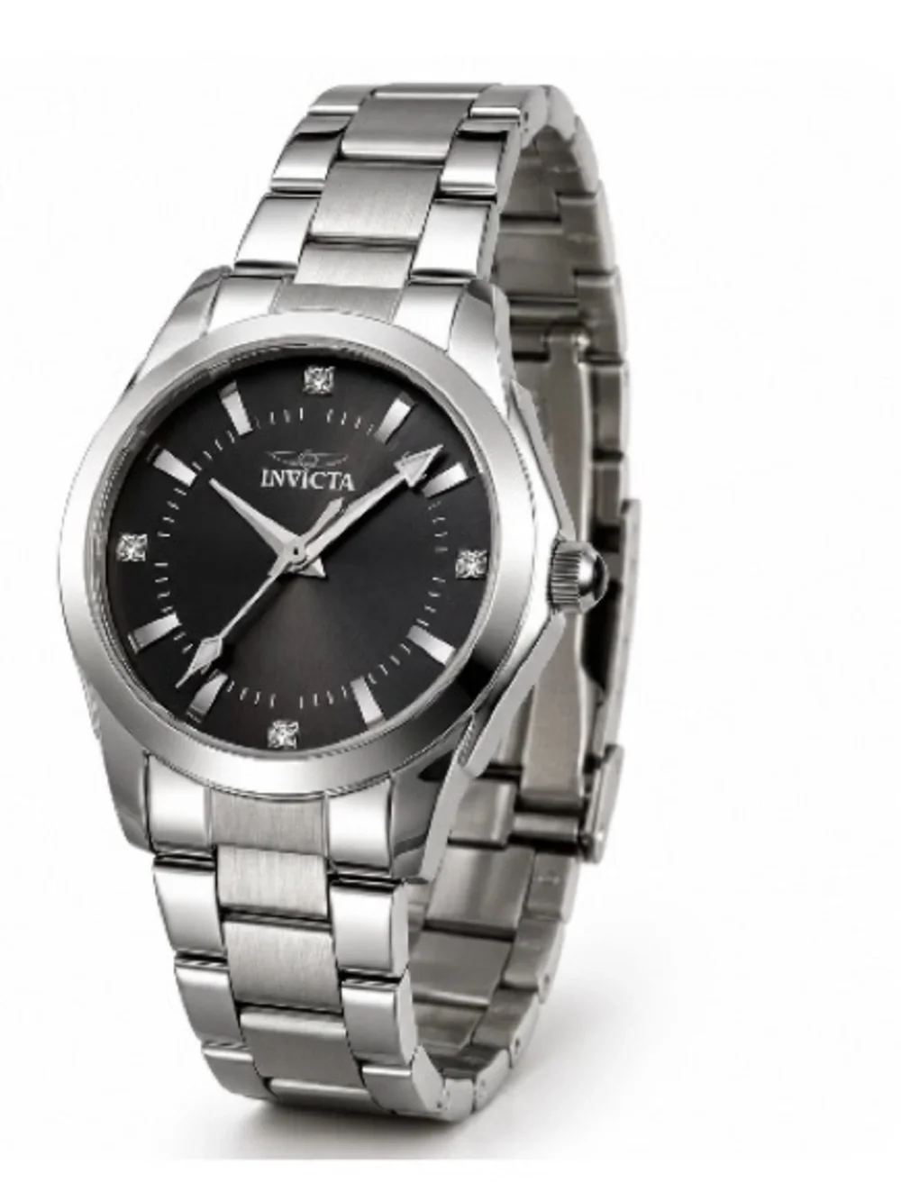 Invicta Silver Bracelet Watch with Black Dial and Crystal Markers